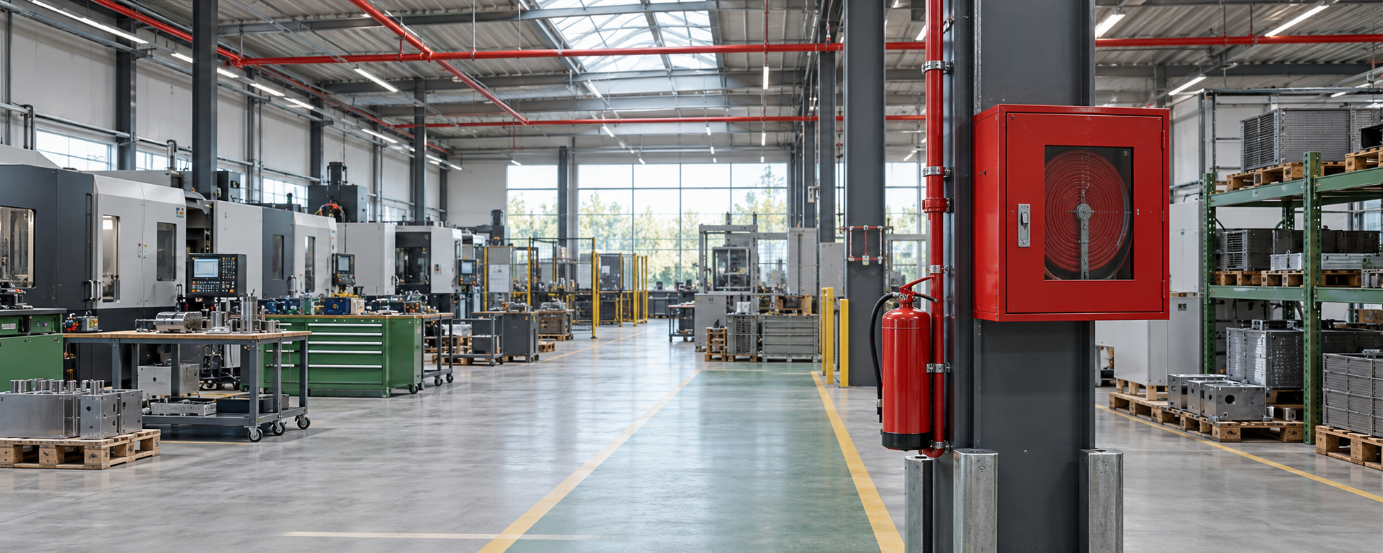 Industriebetrieb mit Feuerlöscher, Wandhydrantenschrank und Sprinklerleitungen