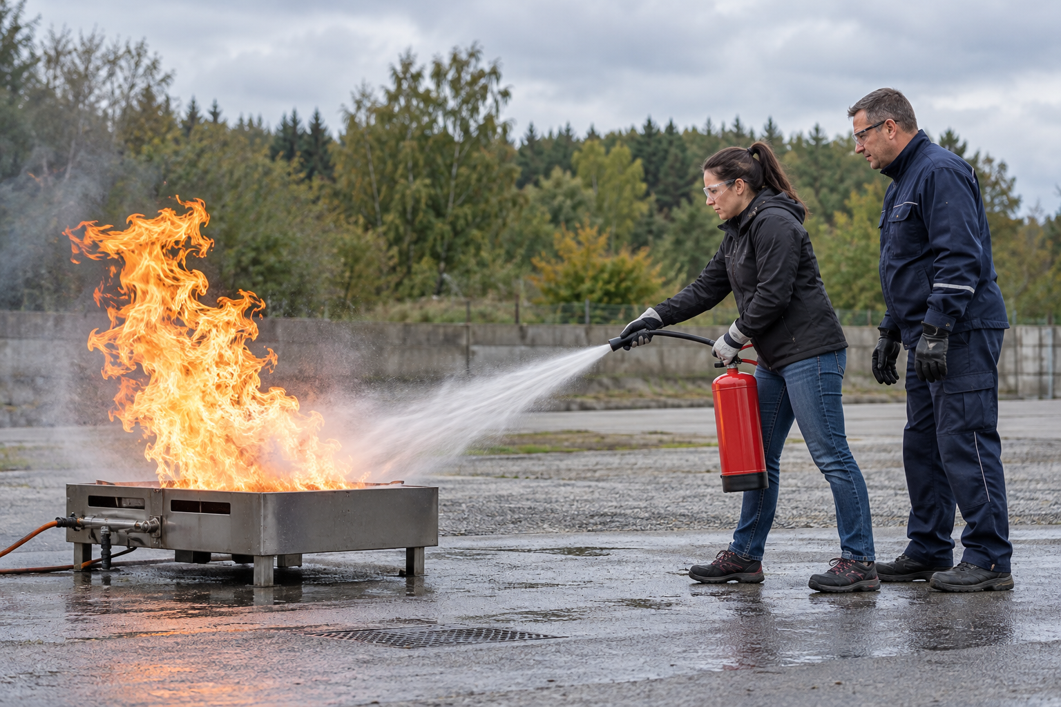 Löschübung mit einem tragbaren Feuerlöscher an einem Firetrainer